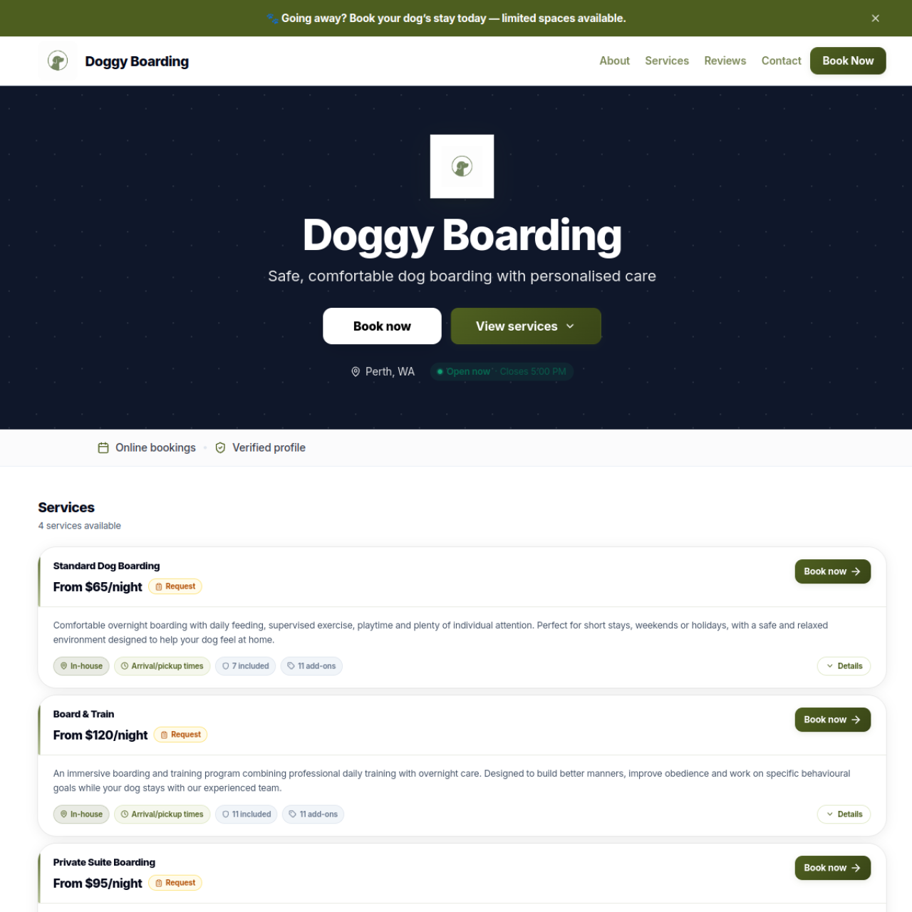 Doggy Boarding — live website built with AnimalBooking