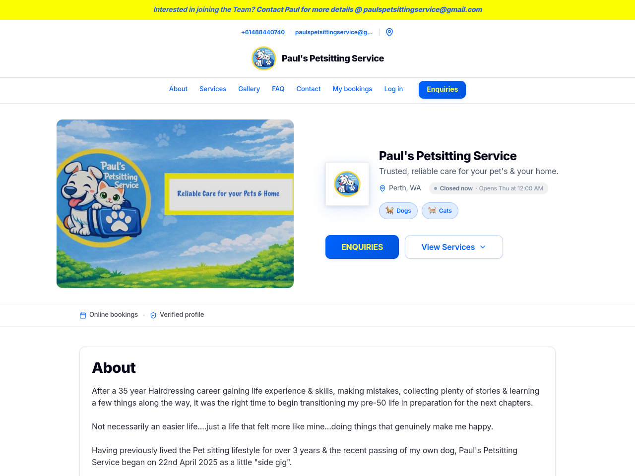 Paul's Pet Sitting Service — live website built with AnimalBooking