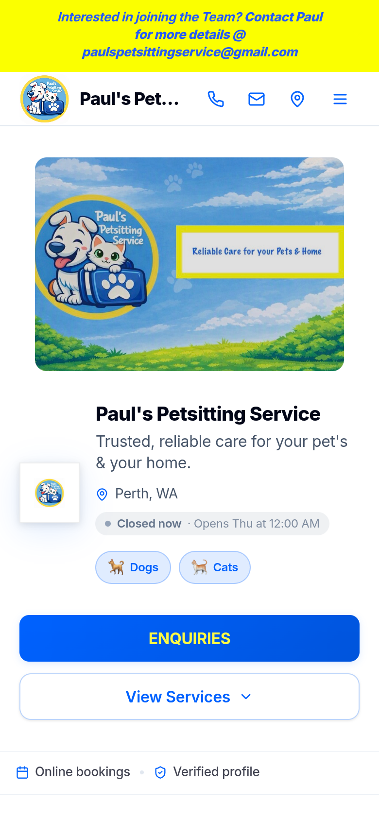 Paul's Pet Sitting Service — mobile view