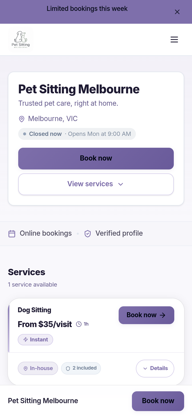 Pet Sitting — mobile view