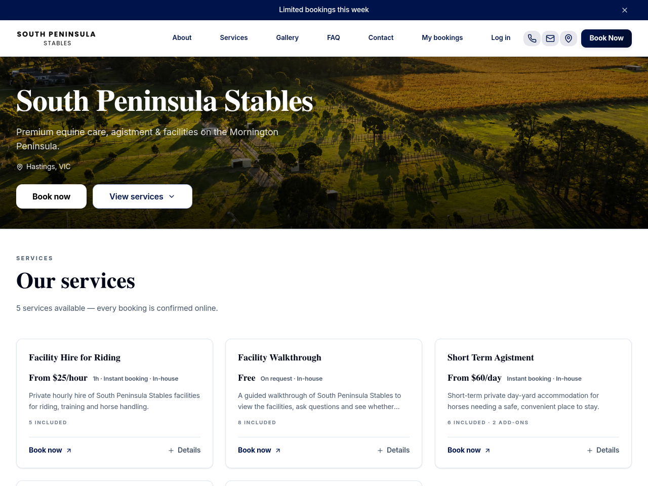 South Peninsula Stables — live website built with AnimalBooking